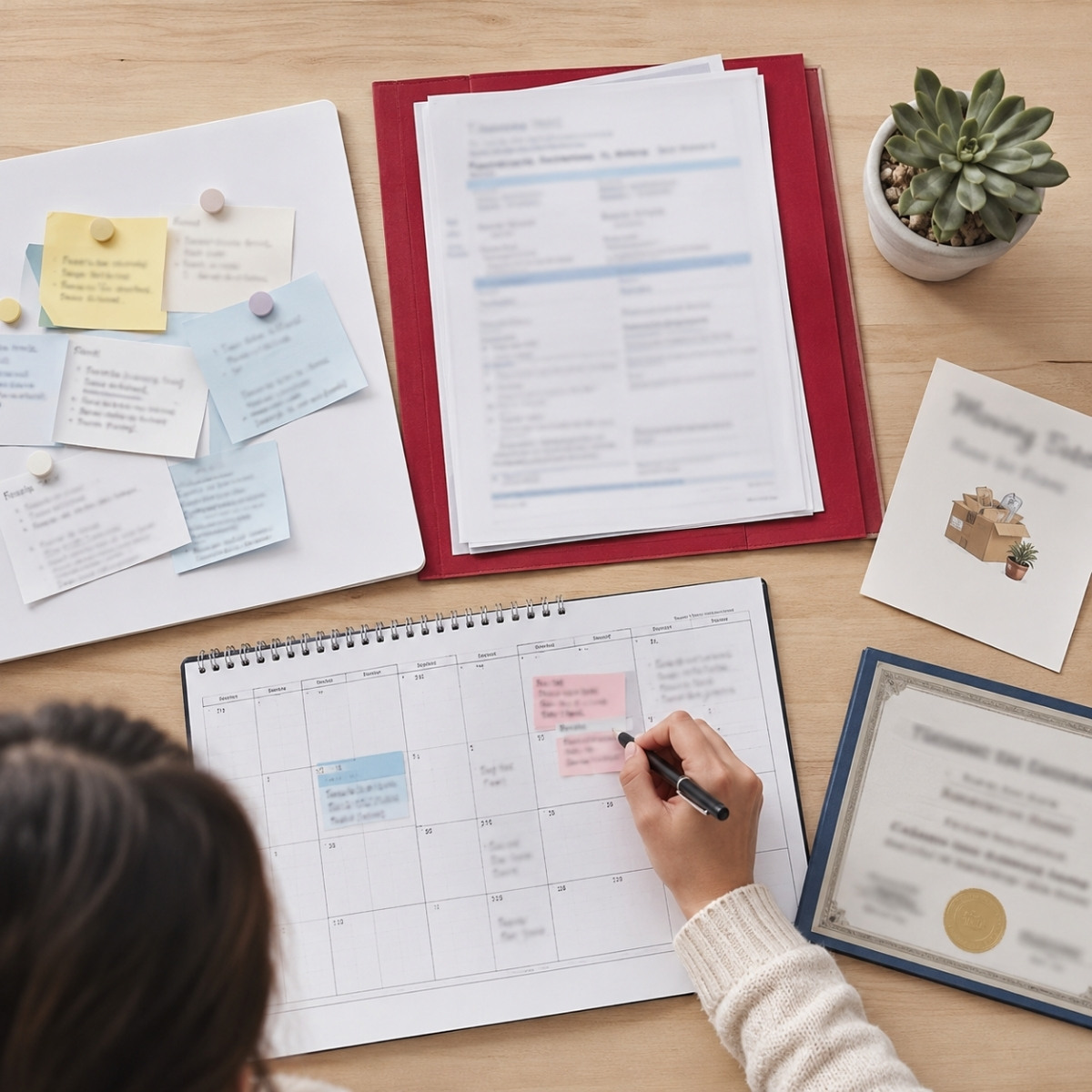 A cosmetologist organizes a calendar, licensing documents, application folder, and relocation notes while planning an interstate move.