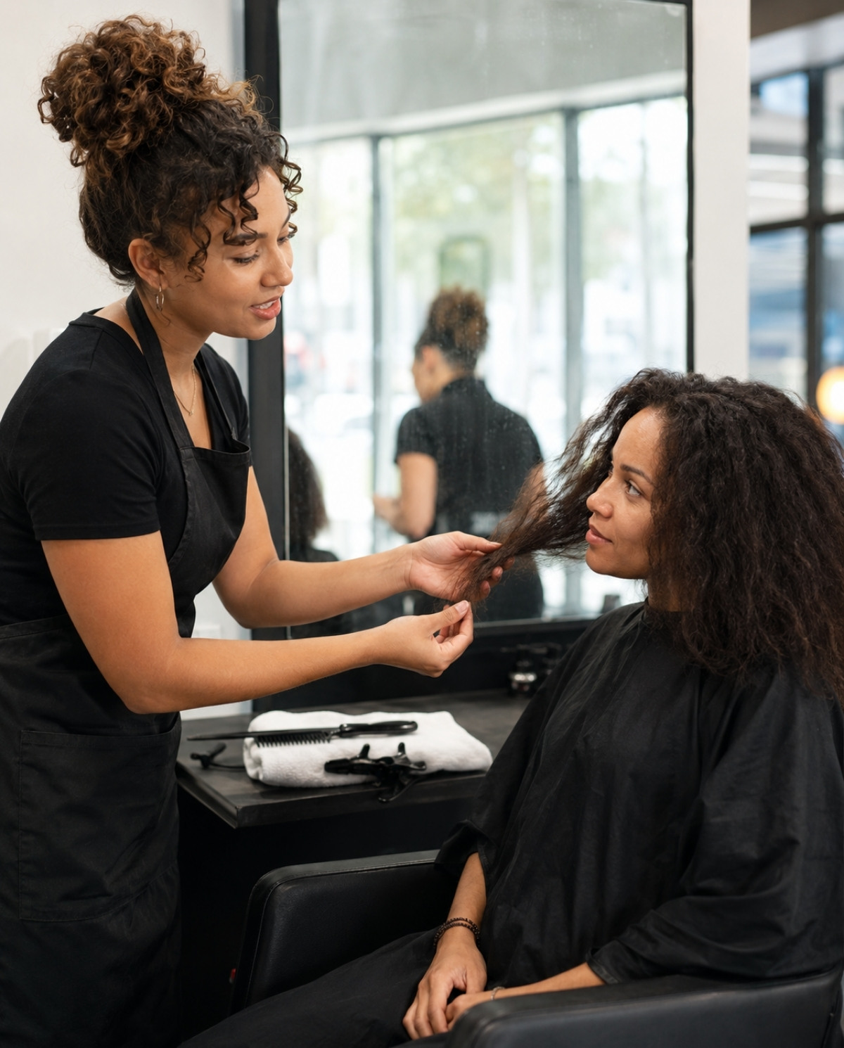 Cosmetology student examining a client's natural hair texture and ends while discussing the desired result during a pre-service consultation.