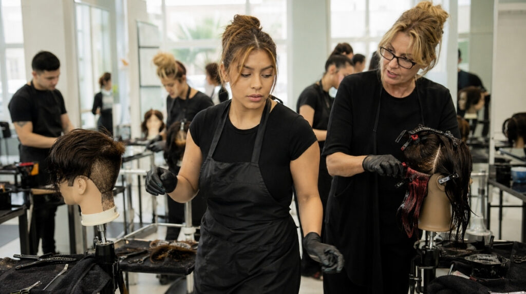 Cosmetology student blow-dries mannequin hair beside a blank monthly calendar in a classroom transitioning from daylight to evening.