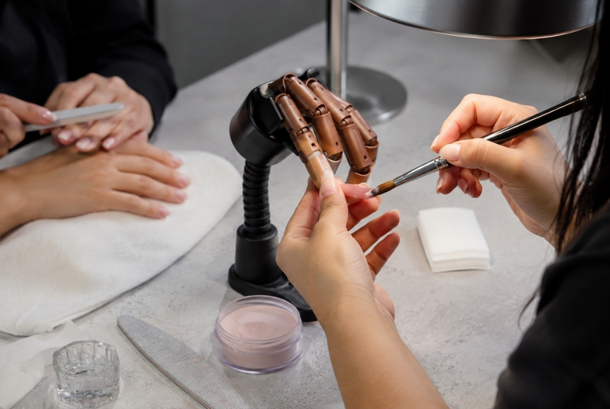 Cosmetology student carefully applies acrylic product to a practice hand with a nail brush while another student practices a basic manicure nearby.