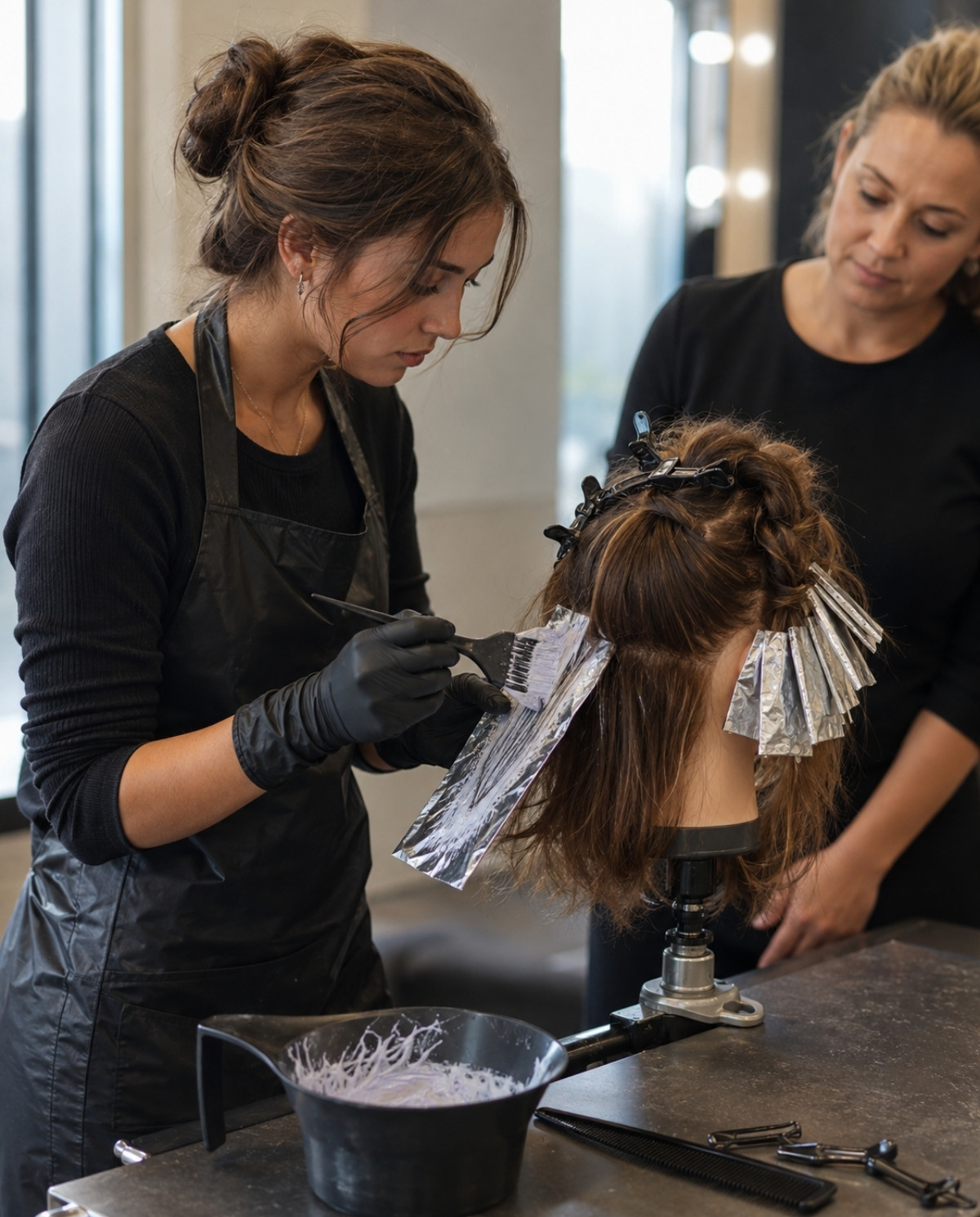 Cosmetology student applying lightener and placing foils on sectioned mannequin hair while an instructor observes the professional coloring technique.