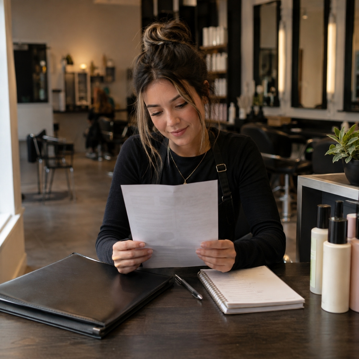 Cosmetology student reviews a resume and career materials at a salon reception desk with a portfolio, appointment notebook, and retail products nearby.