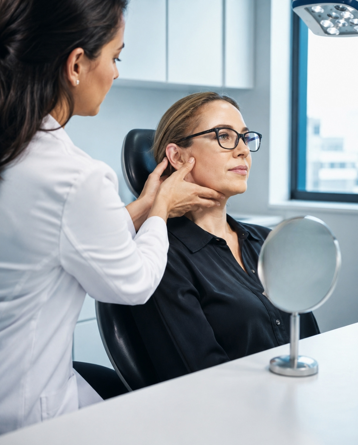 Dentist gently assessing a patient’s jaw joint while using a nearby mirror to support a discussion of cosmetic facial balance.
