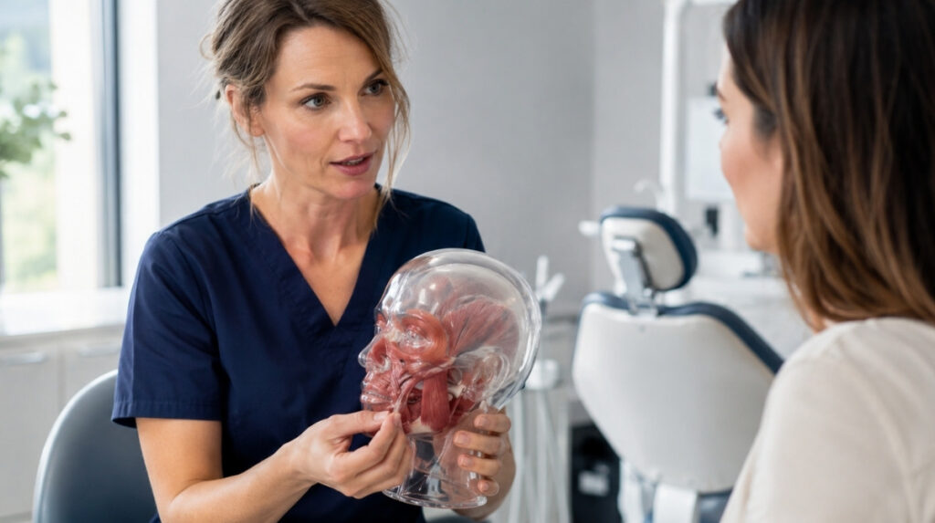 Dentist using a transparent facial anatomy model to explain lower-face muscles to an adult patient in a clinical consultation room.