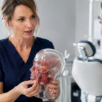 Dentist using a transparent facial anatomy model to explain lower-face muscles to an adult patient in a clinical consultation room.