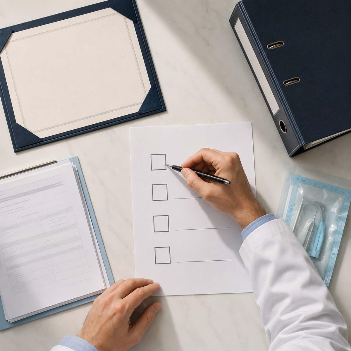 Dentist completing a launch checklist beside training documents, a regulation binder, insurance paperwork, and sealed clinical supplies.