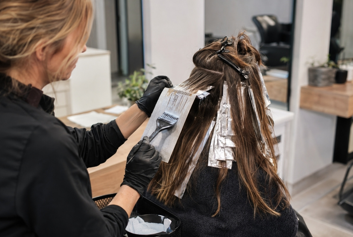 Experienced hairstylist carefully painting balayage highlights onto long brunette hair while separating treated sections with professional foils at a salon workstation.