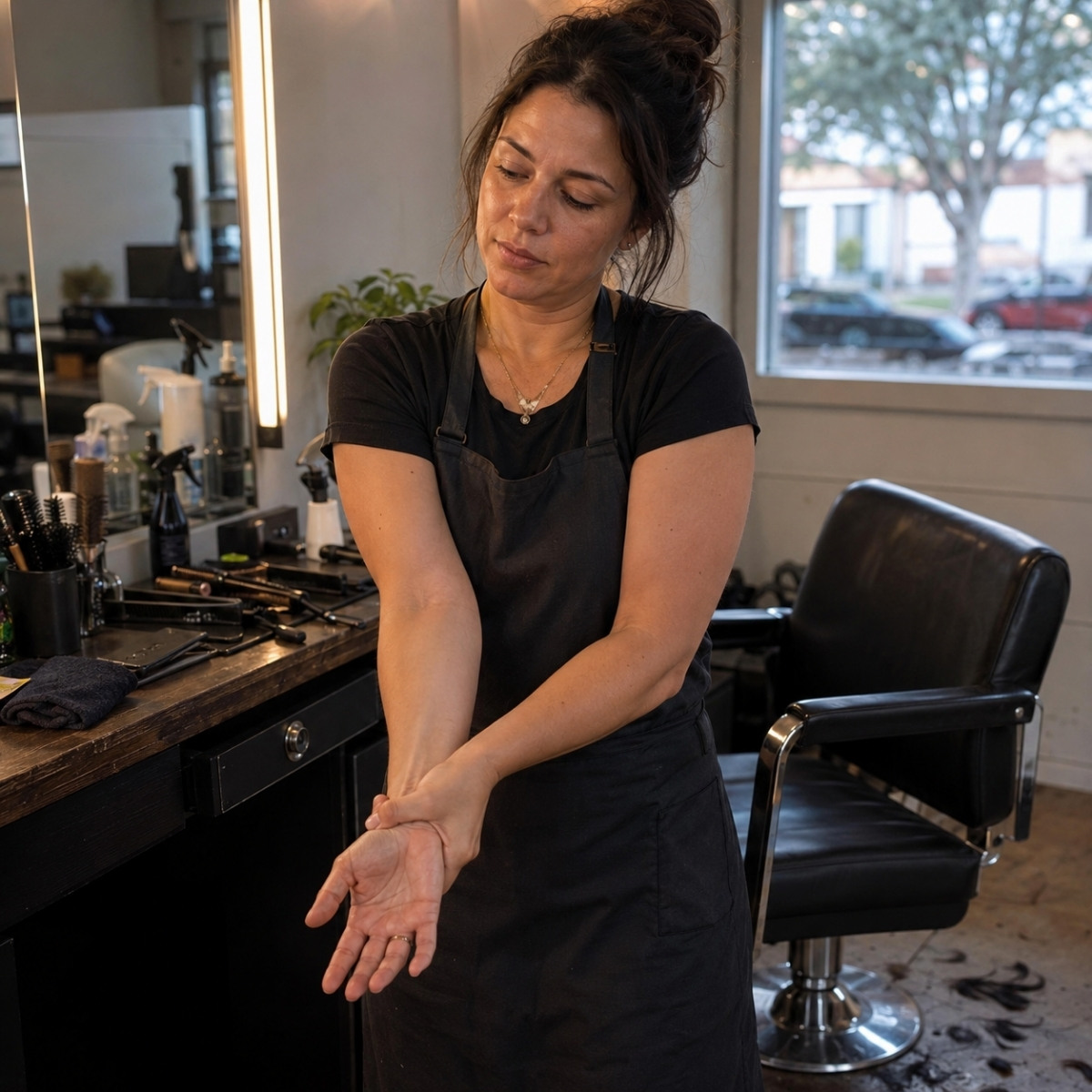 Hairstylist gently stretching her wrist beside a working salon station after completing several client appointments during a physically demanding workday.
