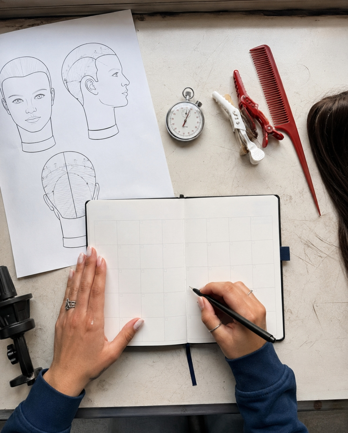 Overhead view of hands organizing a monthly planner with a stopwatch, comb, sectioning clips, and mannequin practice worksheet.