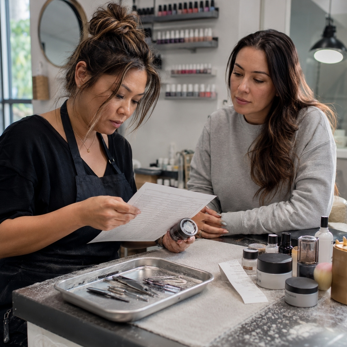 Nail technician reviews a client service record and nail product information while the client sits calmly nearby during a professional follow up.