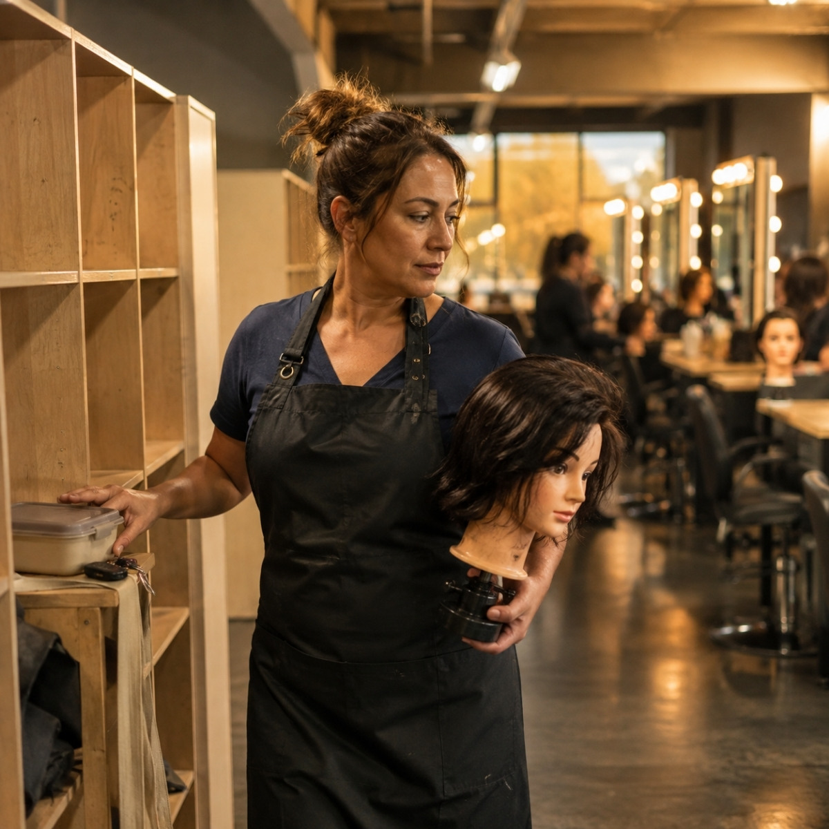Adult student in work clothes and a black apron arrives for a late-afternoon cosmetology class carrying a mannequin head.