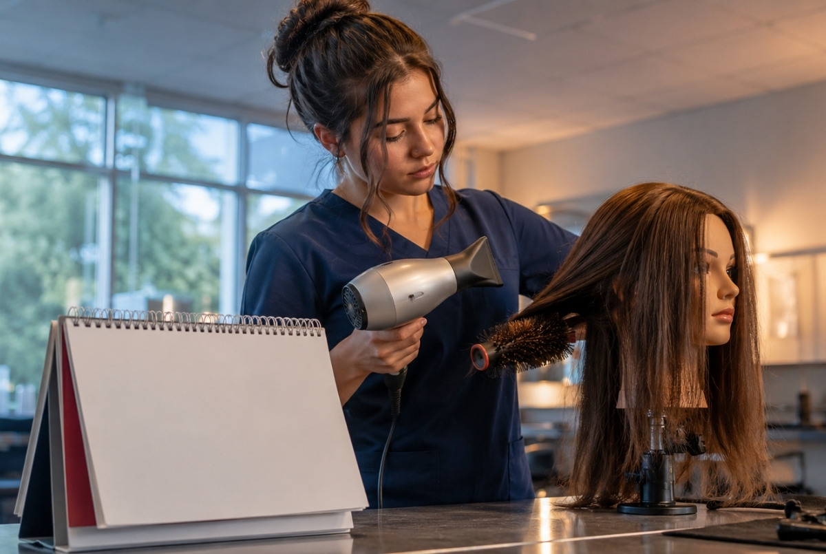 Full-time cosmetology student moves between haircutting and color-sectioning exercises while an instructor checks her technique.