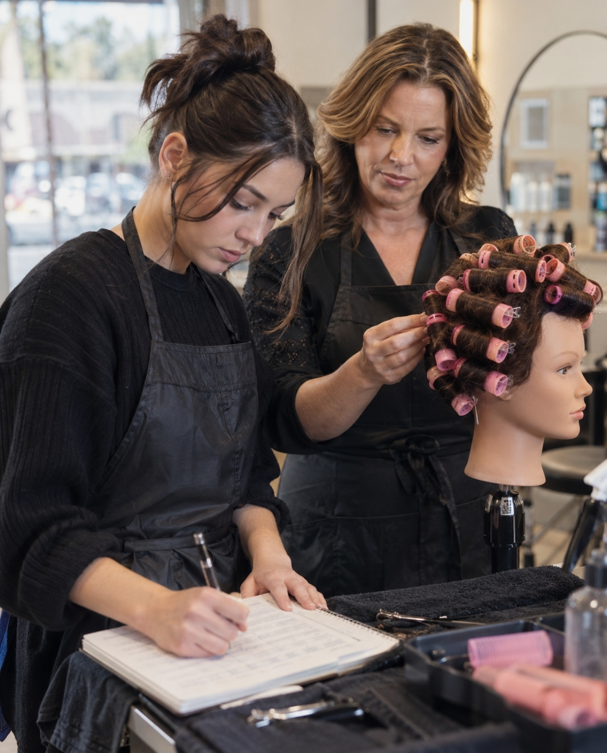 Cosmetology apprentice documenting completed training hours while a supervising professional examines a roller set on a mannequin.