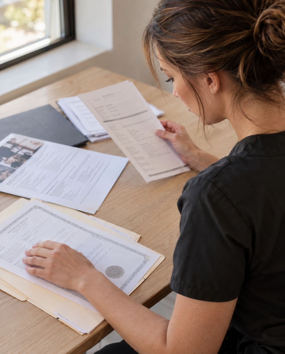 Cosmetologist seated at a quiet table compares a license document with application papers and course information beside an open folder.