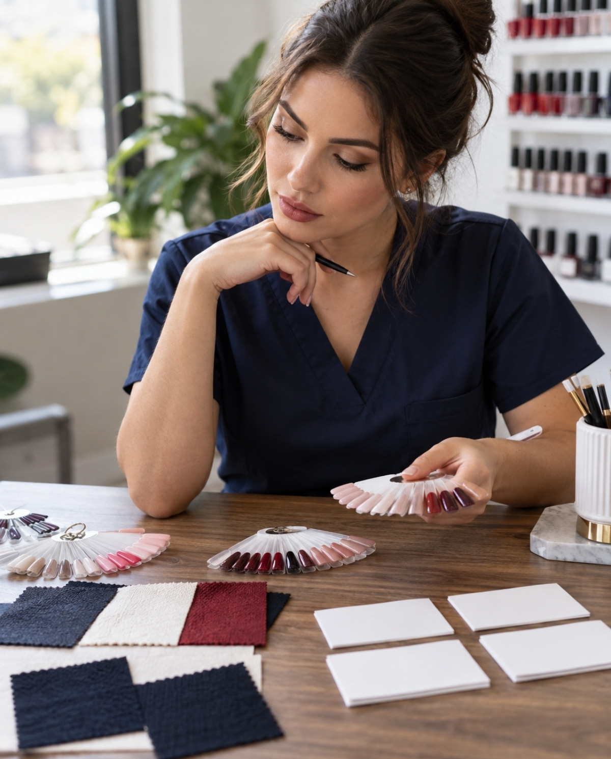 Nail technician comparing coordinated nail-tip displays, fabric swatches, and blank appointment cards while developing a consistent visual identity.