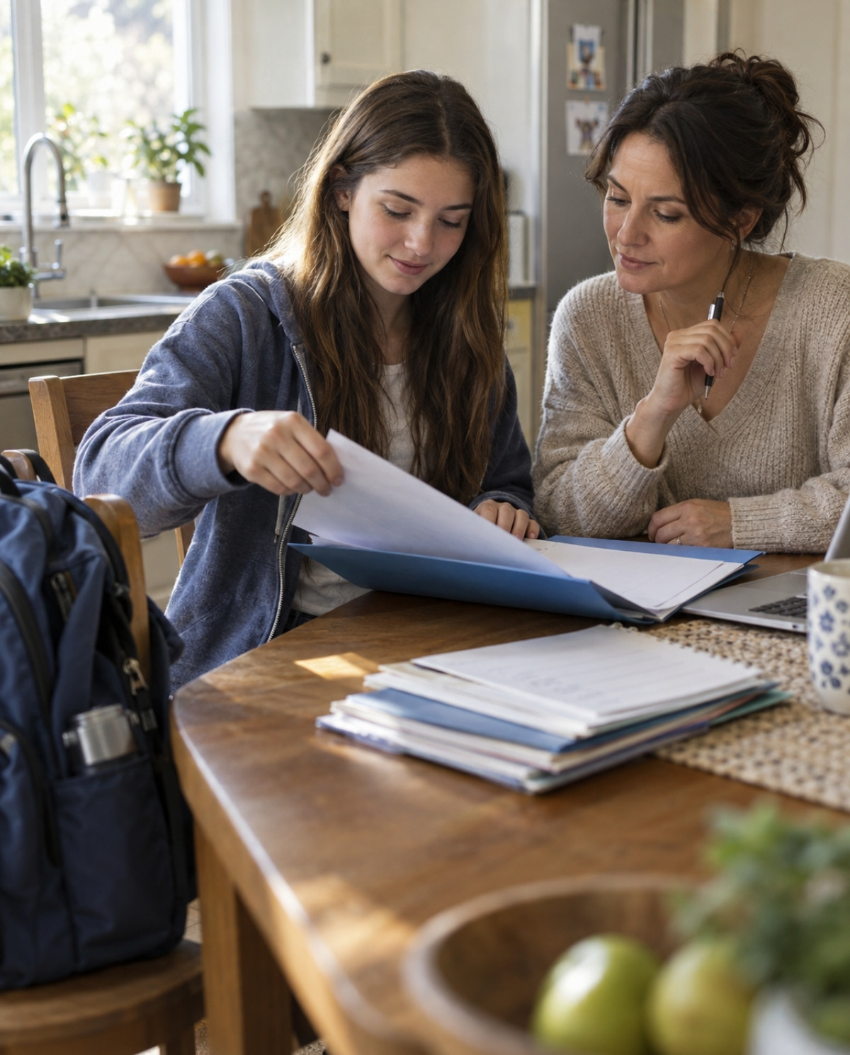 Teenager and parent organizing school records and preparing a cosmetology program application at their kitchen table.