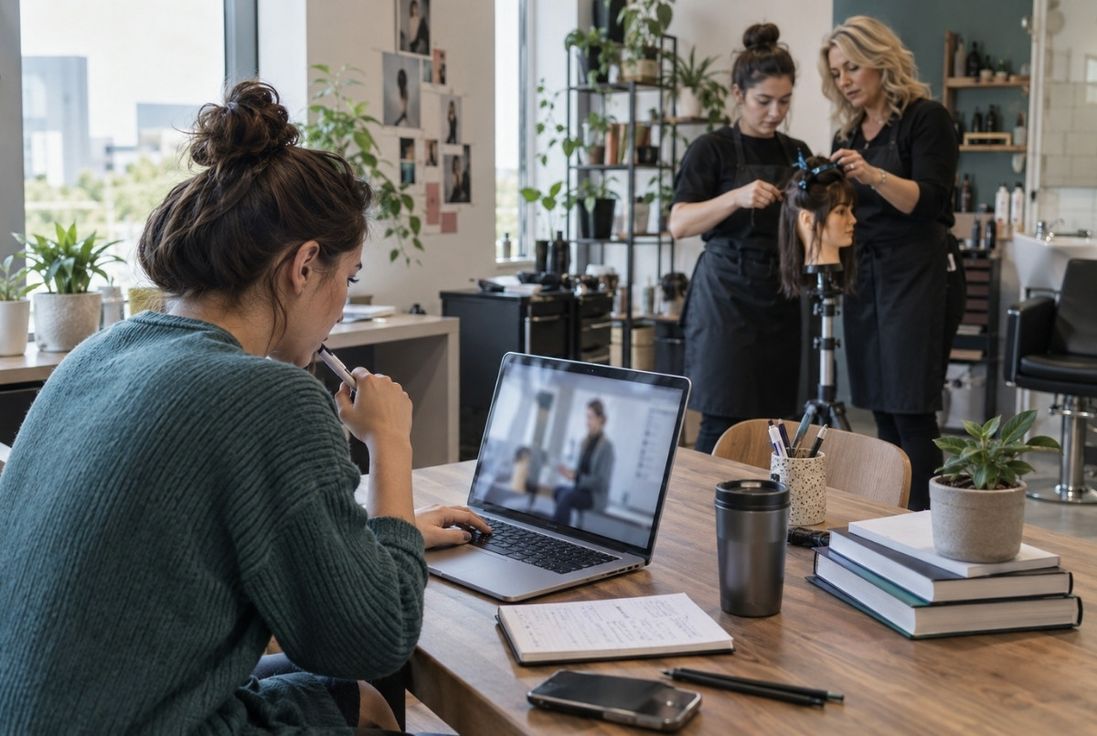 Cosmetology learner attending an online theory class while supervised haircutting practice takes place in an adjoining training area.
