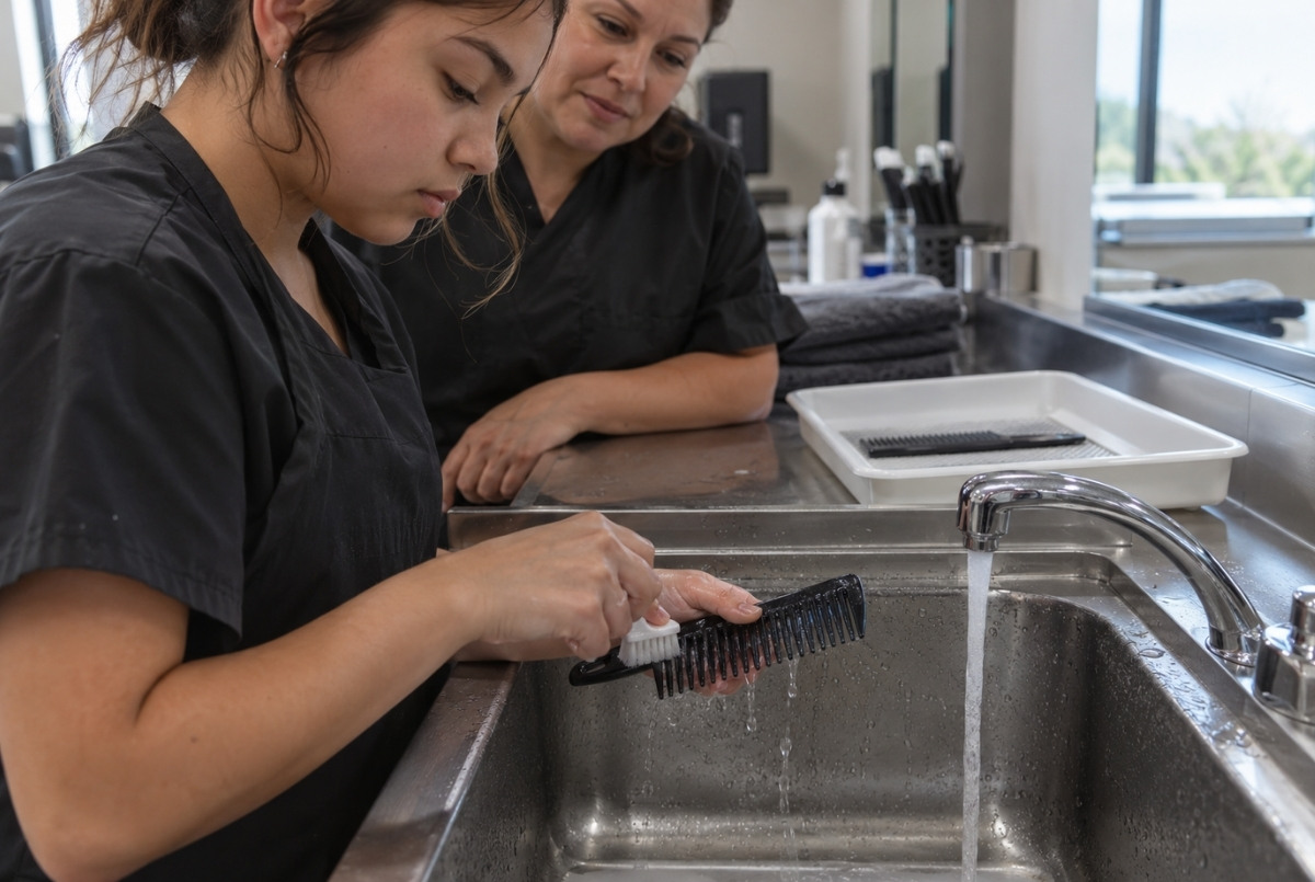 Teenage cosmetology student cleaning a reusable comb with a small brush at a utility sink while an instructor observes.