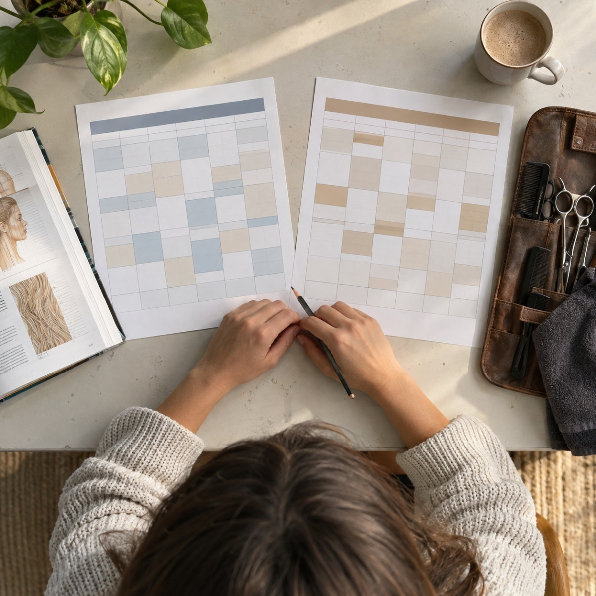 Aspiring cosmetologist comparing classroom and apprenticeship schedules beside a textbook and professional hairstyling tool roll.