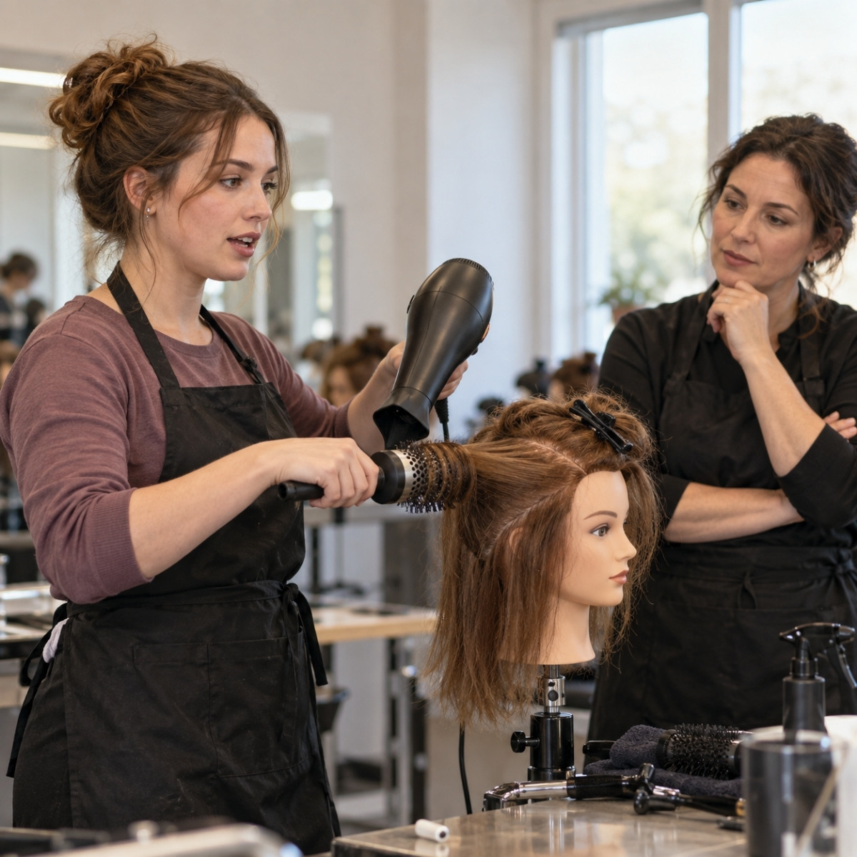 Instructor trainee demonstrates dryer and round-brush positioning on a mannequin while a mentor watches from the opposite side of the workstation.