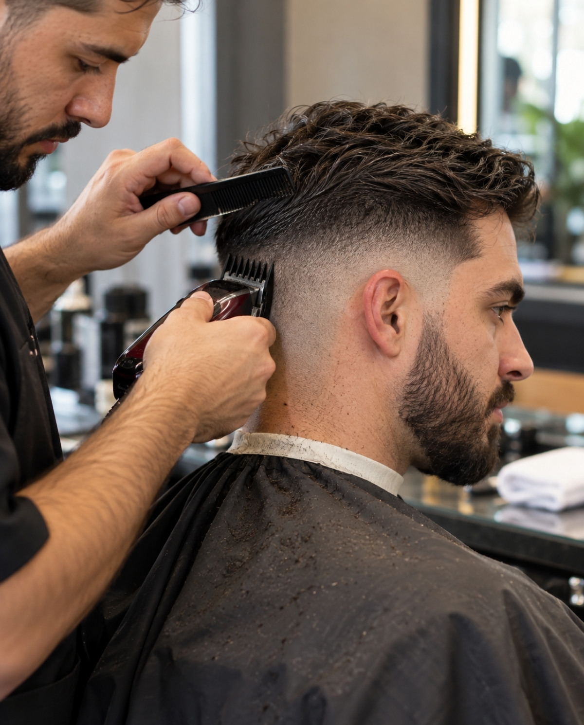 Close view of a barber using guarded clippers and a comb to refine a client’s fade, with small hair clippings on the cape.