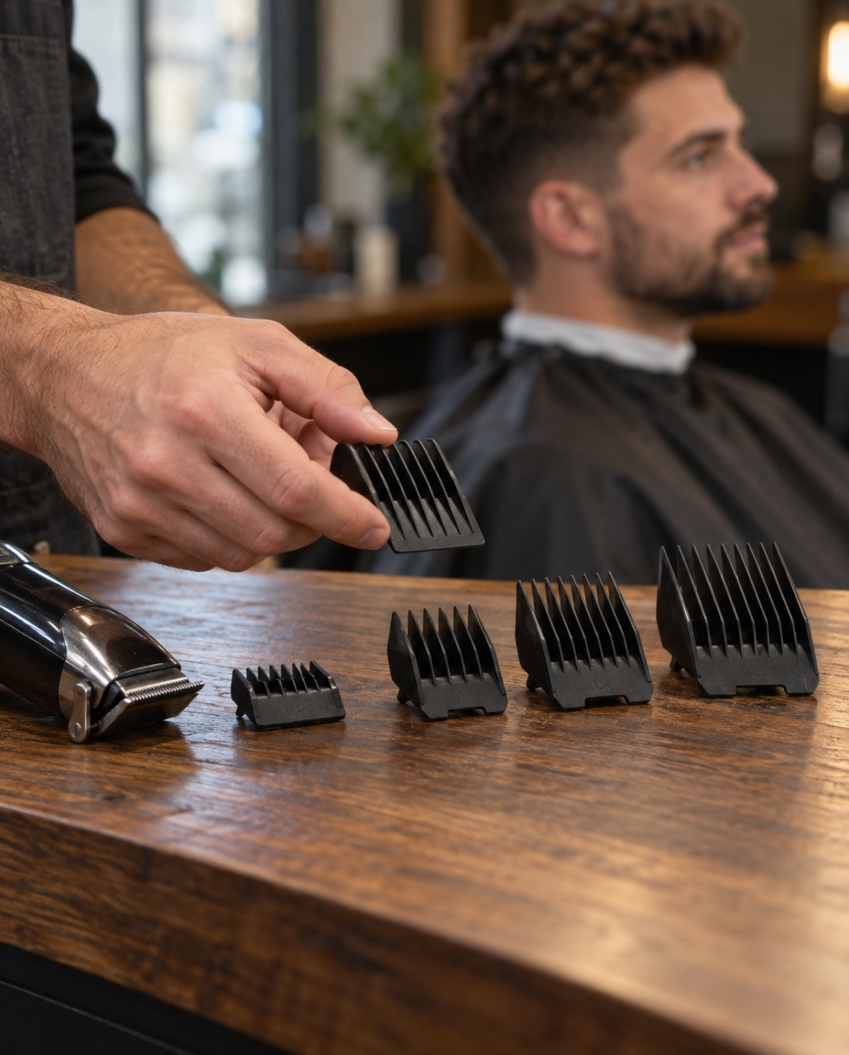 A barber lifts a black clipper guard above a wooden workstation displaying several guide combs with progressively deeper teeth.
