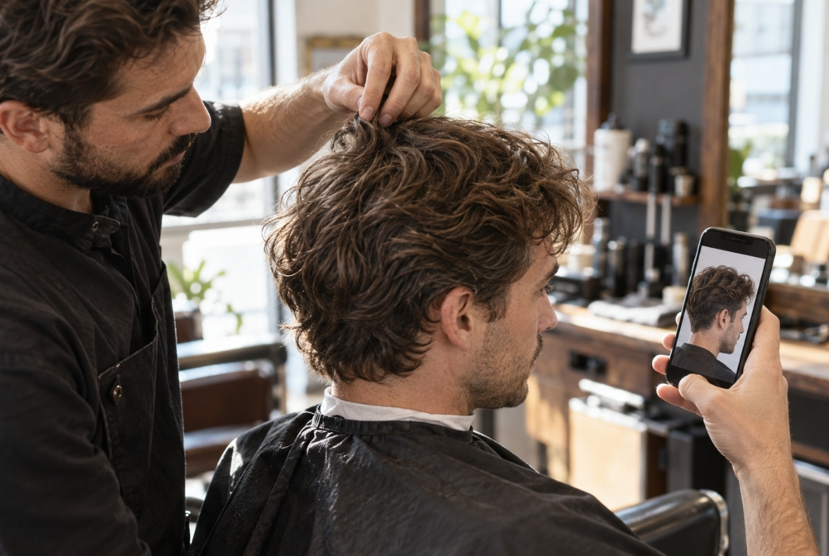 A barber lifts a section of a client’s wavy brown hair while the client holds a smartphone showing a shorter, similarly textured hairstyle.