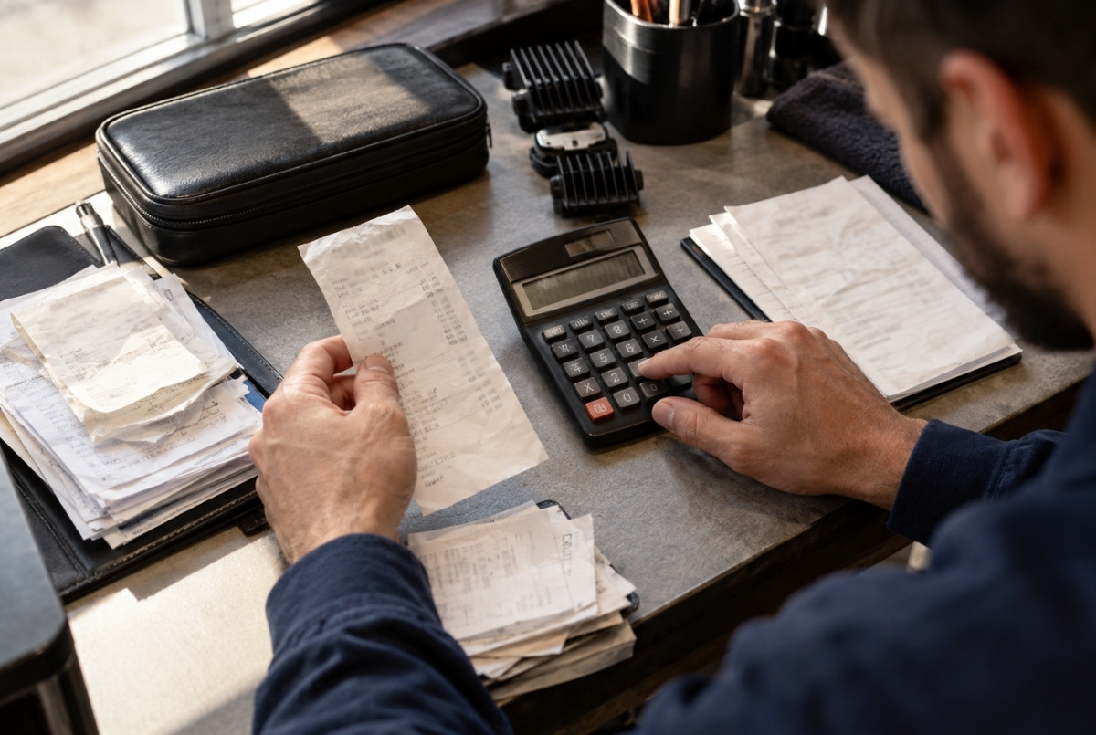 Barber holding a receipt and using a calculator between two stacks of paperwork, with a tool case and clipper guards nearby.