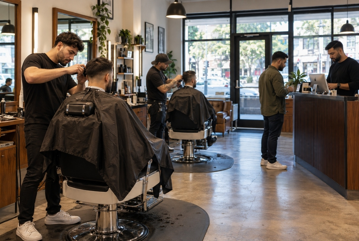 Two barbers cut clients’ hair at separate stations while another customer completes checkout with the owner at reception.