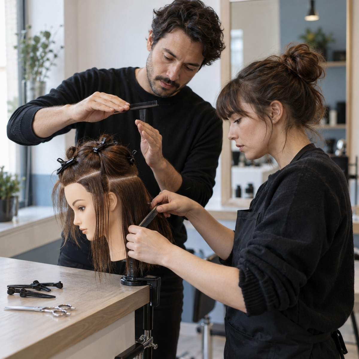 Adult trainee sectioning a mannequin’s brown hair with a comb while an instructor demonstrates comb positioning beside the training counter.