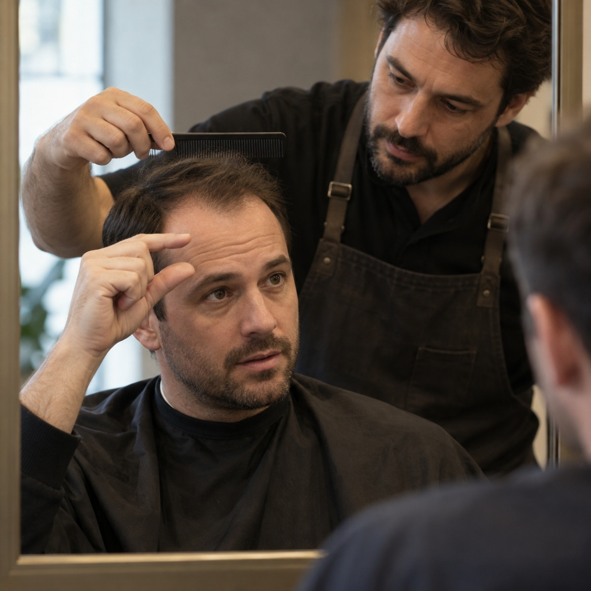 A client with a receding hairline holds his thumb and index finger apart while a barber positions a comb above his top hair.