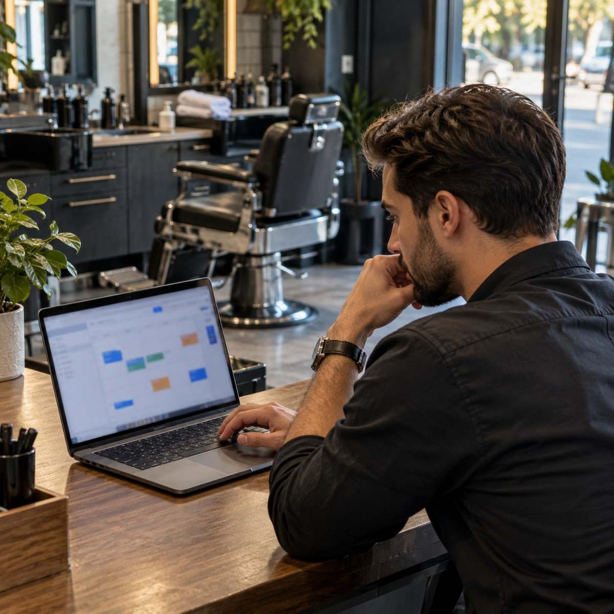 Barbershop owner studies an appointment calendar on a laptop at reception with an empty chair and prepared workstation behind him.