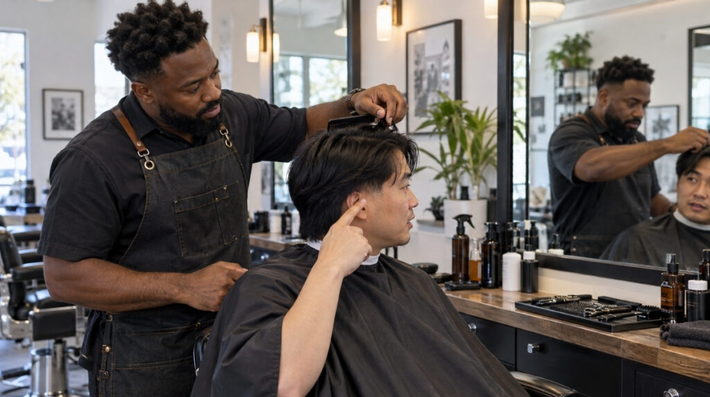 A barber lifts a client’s straight black top hair with a comb while the client points beside his ear to indicate his preferred fade height.