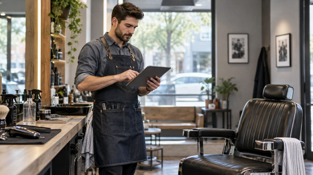 Barber wearing a denim apron checking a tablet beside an empty black chair and an organized wooden workstation.