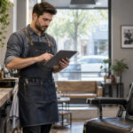 Barber wearing a denim apron checking a tablet beside an empty black chair and an organized wooden workstation.