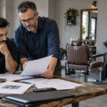Prospective barbershop owner and adviser review documents at a table beside installed barber chairs, mirrors, and a shampoo basin.